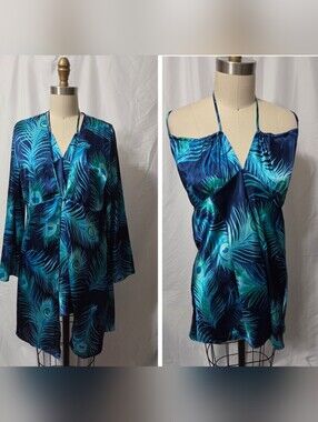 Blue Satin Peacock Feather Chemise Lingerie W/Matching Robe, Sz Large, Like New